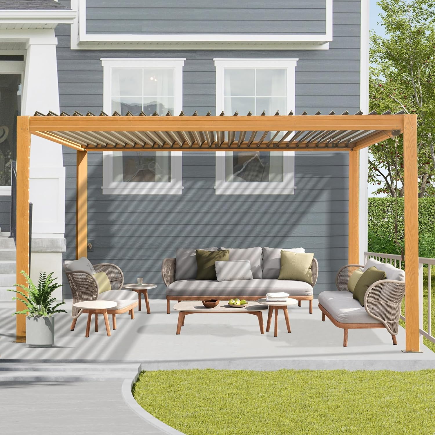 Brown and Gray Aluminum Metal Louvered Pergola 10 ft. x 13 ft.