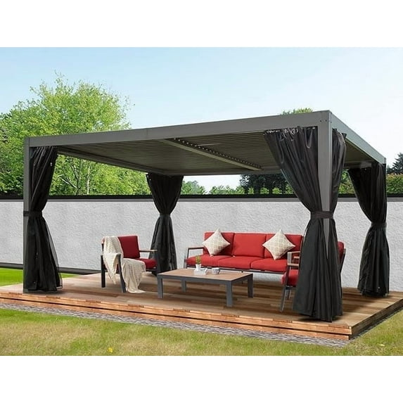 Domi Outdoor Living Louvered Pergola 12'×16', Aluminium Pergola with Adjustable Roof, Curtains and Netting, Hardtop Gazebo for Patio, Deck, Garden, Yard, Beach(Gray)