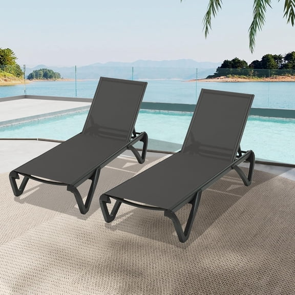 Domi Outdoor Living Pool Lounge Chairs Set of 2, Adjustable Aluminum Plastic Outdoor Chaise Lounge Dark Gray Textilene
