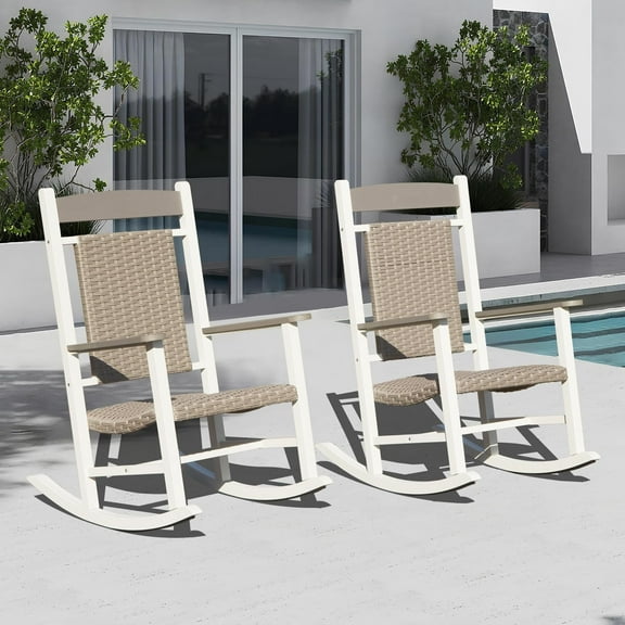 Domi Outdoor Living Rocking Chair Set of 2, Weather-Resistant PE Wicker Rockers, Oversized High Back Patio Chairs for Adults, 380lbs Weight Capacity, Durable HDPE for Deck, Patio, Balcony