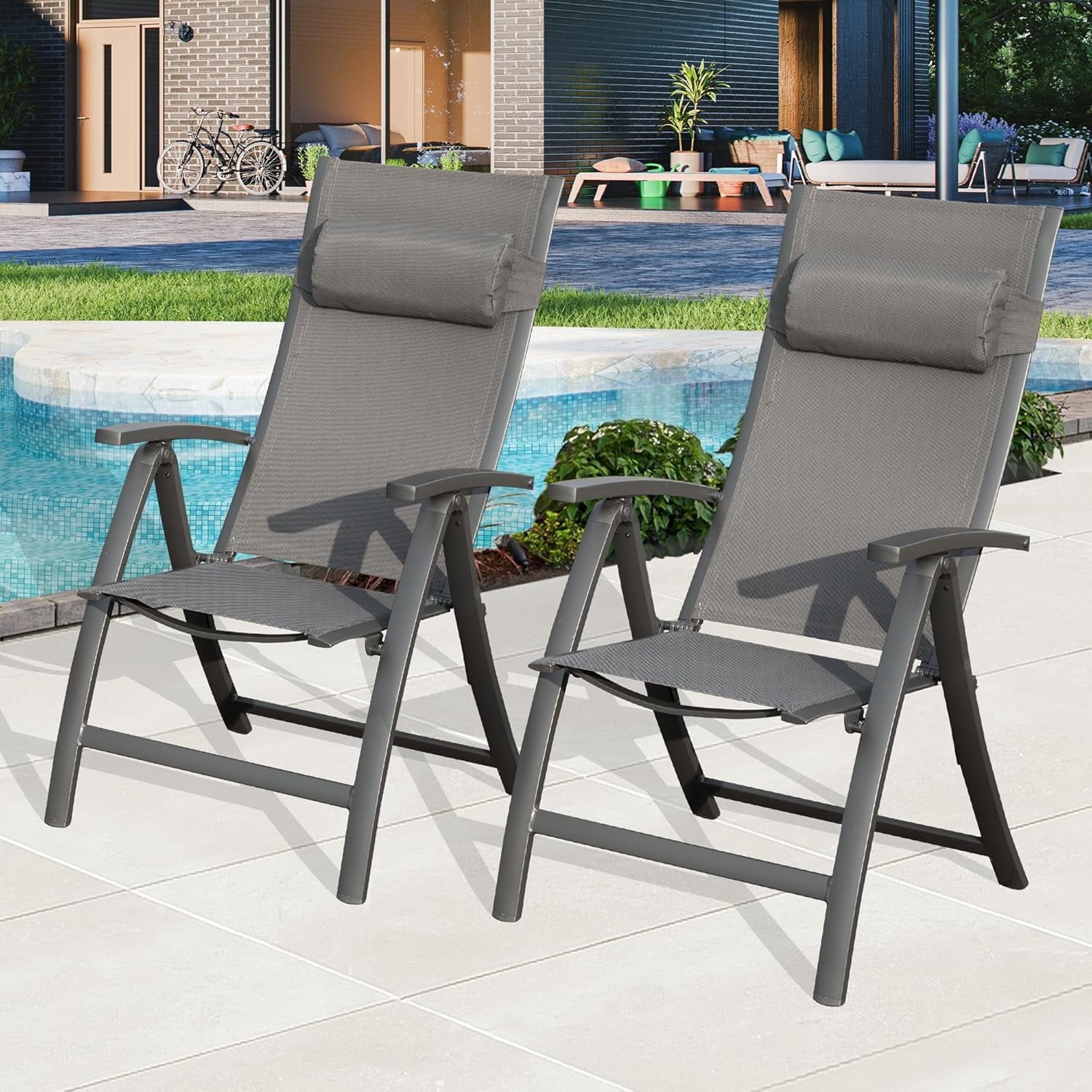 Domi Outdoor Living Set of 2 Folding Outdoor Reclining Chairs with Adjustable Backrest and Headrest, Portable Aluminum Frame Camping Chairs with Textilene Fabric