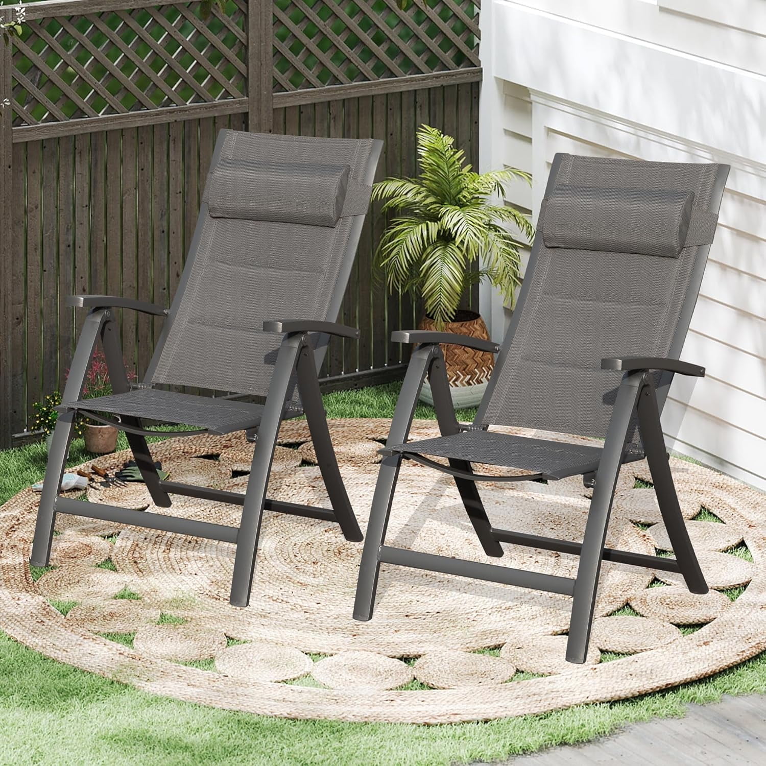Domi Outdoor Living Set of 2 Folding Outdoor Reclining Chairs with Adjustable Backrest and Padded Textilene Seat, Portable Aluminum Frame Patio Camping Chairs with Headrest