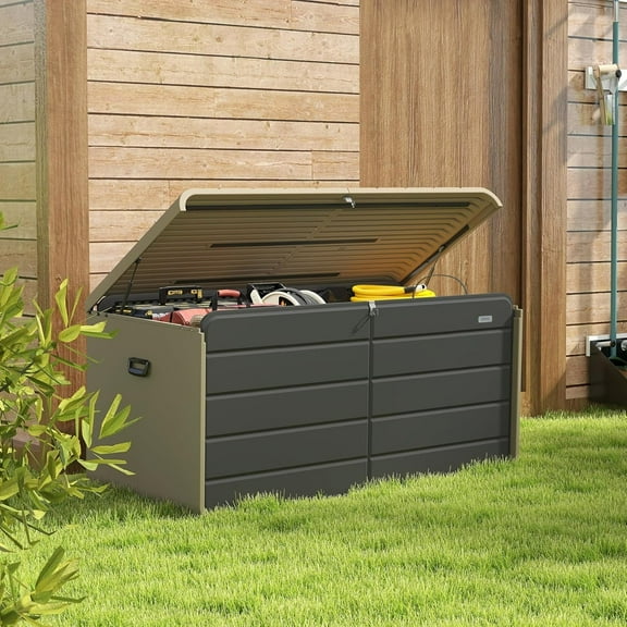Domi Outdoor Living Storage Deck Box, 150 Gallon Waterproof Patio Storage Chest with Hydraulic Lid, Lockable & Portable Resin Storage Bench for Cushions, Garden Tools, Pool Supplies