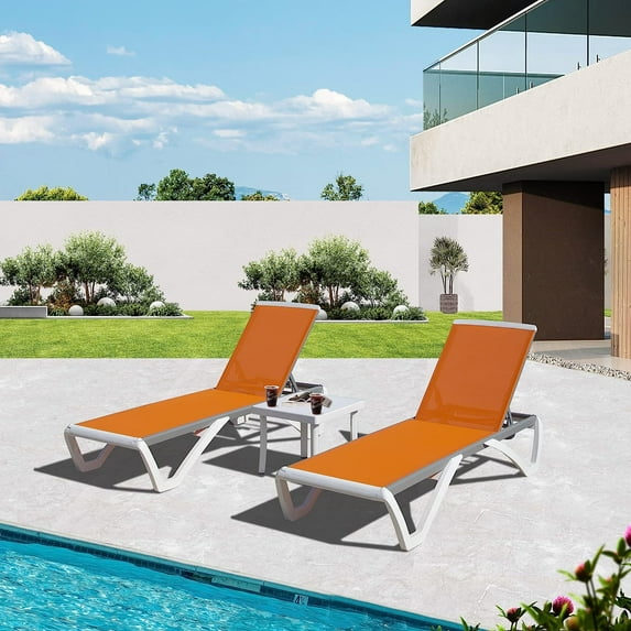 Domi Outdoor Lounge Chairs Set of 3, Aluminum Lounge Chairs for Outside with 5 Position Adjustable Backrest, Side Table, Outdoor Chaise Lounge for Beach, Yard, Balcony, Poolside, Orange