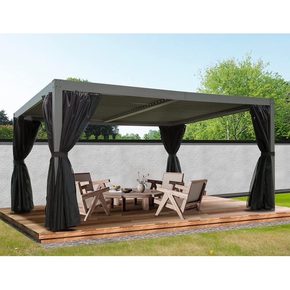 Domi Outdoor Louvered Pergola 10'×13', Aluminium Pergola with Adjustable Roof, Curtains and Netting, Hardtop Gazebo for Patio, Deck, Garden, Yard, Beach(Gray)