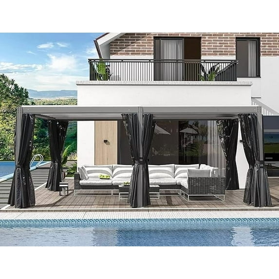 Domi Outdoor Louvered Pergola 12'×20', Aluminium Pergola with Adjustable Roof, Curtains and Netting, Hardtop Gazebo for Patio, Deck, Garden, Yard, Beach(Gray)
