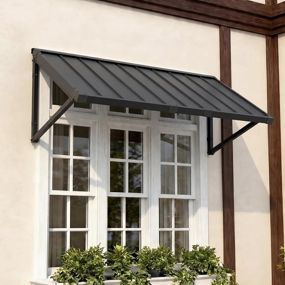 Domi Outdoor Metal Awning 60" x 24", Front Door and Window Canopy with Powder-Coated Frame, Weather Resistant Sun and Rain Shelter for Patio, Entrance, Porch and Balcony, Dark Gray