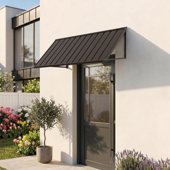 Domi Outdoor Metal Awning 60" x 36", Front Door and Window Canopy with Powder-Coated Frame, Weather Resistant Sun and Rain Shelter for Patio, Entrance, Porch and Balcony, Brown