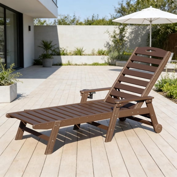 Domi Outdoor Patio Chaise Lounge Chair, HDPE Pool Lounger with Adjustable Reclining Backrest for Poolside, Backyard & Sunbathing, Brown