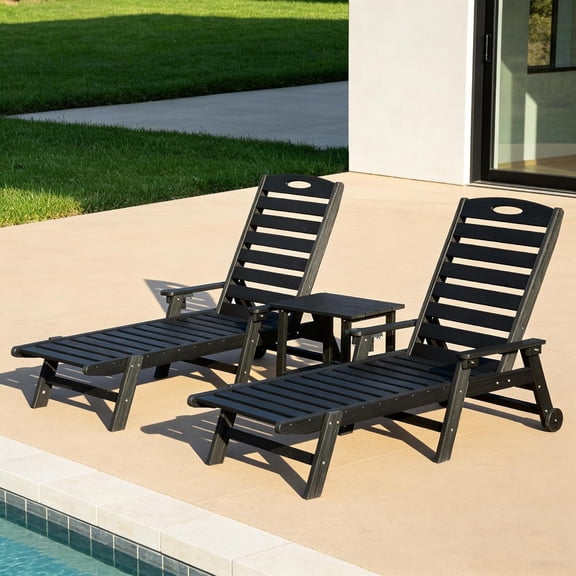Domi Outdoor Patio Chaise Lounge Chair Set of 2 with Table, HDPE Pool Lounger with Adjustable Reclining Backrest for Poolside, Backyard & Sunbathing, Black