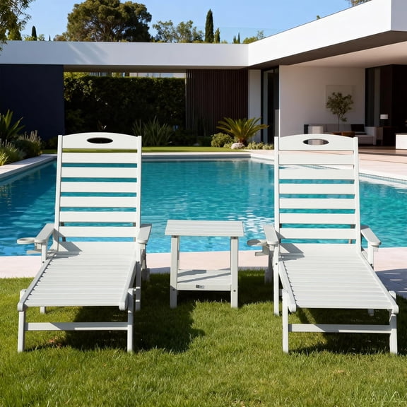 Domi Outdoor Patio Chaise Lounge Chair Set of 2 with Table, HDPE Pool Lounger with Adjustable Reclining Backrest for Poolside, Backyard & Sunbathing, White