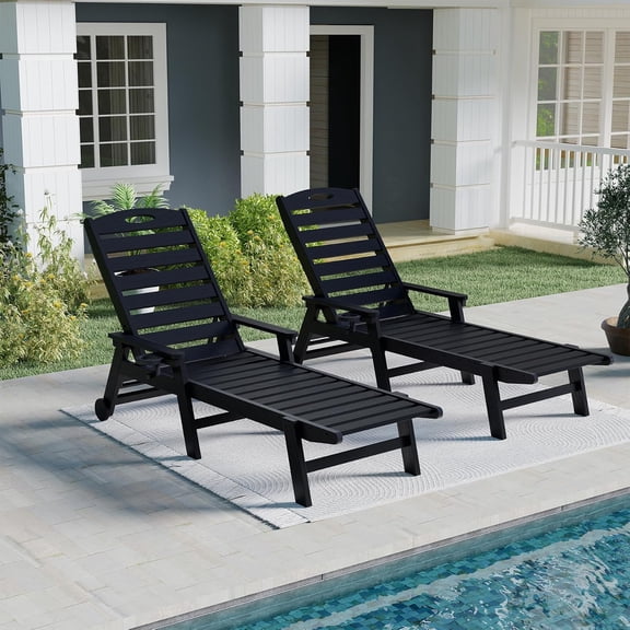 Domi Outdoor Patio Chaise Lounge Chair Set of 2, HDPE Pool Lounger with Adjustable Reclining Backrest for Poolside, Backyard & Sunbathing, Black