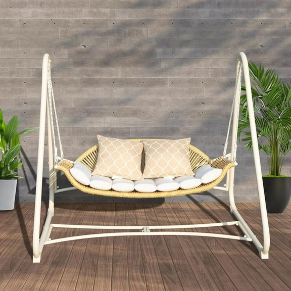 Domi Outdoor Patio Porch Swing, 2-Seat Hanging Chair with Thick Cushions and Pillow, Rattan Hammock Swing for Porch, Backyard, Garden