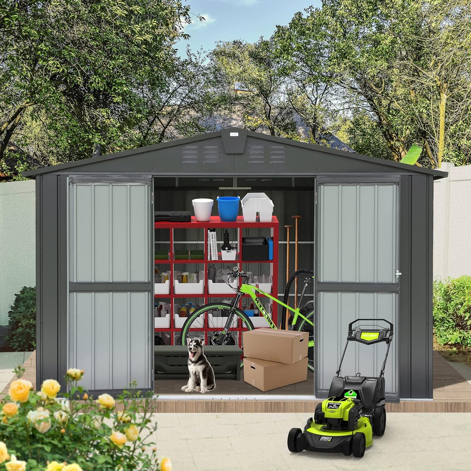 Domi Outdoor Storage Shed 10'x 8', Metal Garden Shed for Bike, Trash