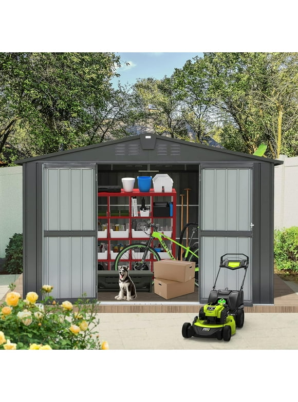 Domi Outdoor Storage Shed 10'x 8', Metal Garden Shed for Bike, Trash Can, Tools, Lawn Mowers, Pool Toys, Galvanized Steel Outdoor Storage Cabinet with Lockable Door for Backyard, Patio, Lawn