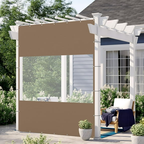Domi Outdoor Living Heavy Duty Clear Panel Curtain, 18 oz Waterproof PVC Polyester Curtain, Tearproof, and Weather-Resistant Panel w/Eyelets for Patios,Gazebos,Pergolas (8'H x 7'W, Brown)