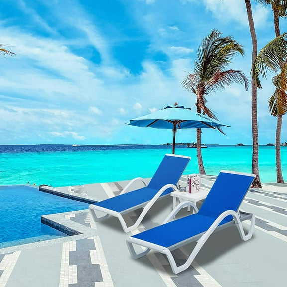 Domi Patio Chaise Lounge Chair Set of 3,Outdoor Aluminum Polypropylene Sunbathing Chair with Adjustable Backrest,Arm,Side Table,for Beach,Yard,Balcony,Poolside(2 Blue Chairs W/Table)