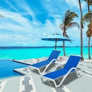 Domi Patio Chaise Lounge Chair Set of 3,Outdoor Aluminum Polypropylene Sunbathing Chair with Adjustable Backrest,Arm,Side Table,for Beach,Yard,Balcony,Poolside2 Blue Chairs W/Table
