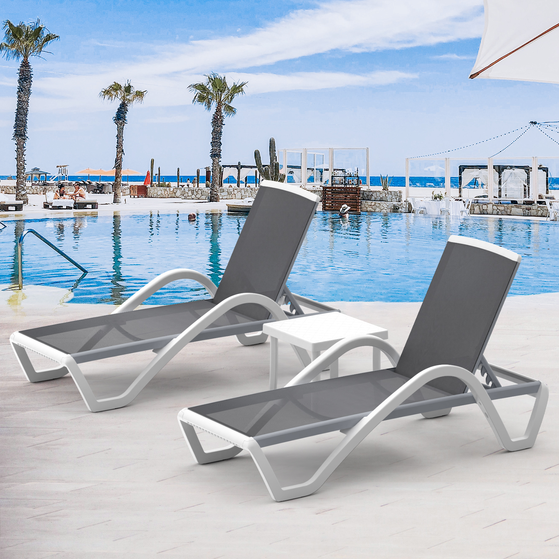 Domi Patio Chaise Lounge Chair Set of 3,Outdoor Aluminum Polypropylene Sunbathing Chair with Adjustable Backrest,Arm,Side Table,for Beach,Yard,Balcony,Poolside(2 Gray Chairs W/Table) - image 1 of 8