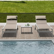 Domi Patio Chaise Lounge Set of 3, Adjustable Full Aluminum Pool Lounge Chairs with Wheels and Side Table, Padded Sunbathing Lounger for Deck Lawn Patio Backyard,Textilene - Khaki