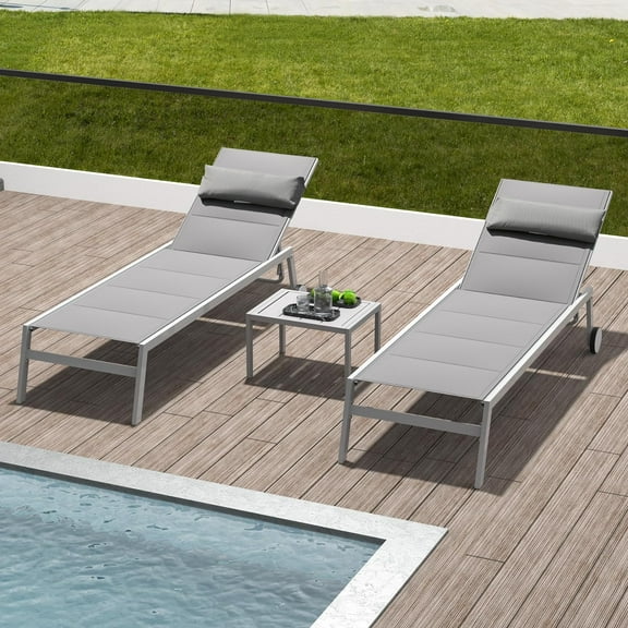 Domi Patio Chaise Lounge Set of 3, Adjustable Full Aluminum Pool Lounge for Outside with Wheels and Side Table, Padded Sunbathing Lounger for Deck Lawn Patio Backyard,Textilene - Gray