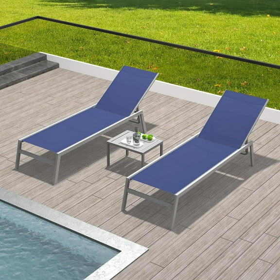 Domi Patio Chaise Lounge Set of 3,Aluminum Adjustable Pool Lounge Chairs with Side Table,Sunbathing Lounger for Deck Lawn Patio Backyard,Textilene - Navy Blue