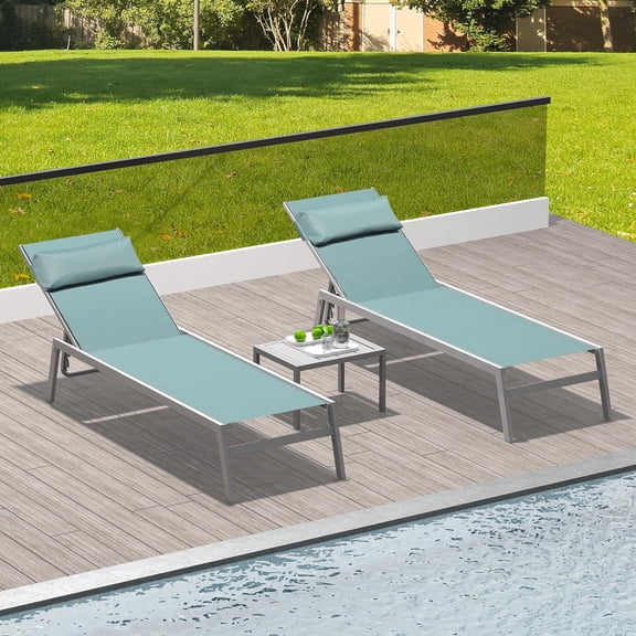 Domi Patio Chaise Lounge Set of 3,Aluminum Adjustable Pool Lounge Chairs with Side Table,Sunbathing Lounger for Deck Lawn Patio Backyard,Textilene - Turquoise Blue