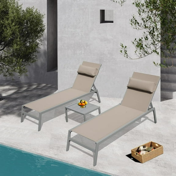 Domi Patio Chaise Lounge Set of 3, Aluminum Pool Lounge Chairs with Side Table, Outdoor Adjustable Recliner All Weather for Poolside, Beach, Yard, Balcony (Khaki)