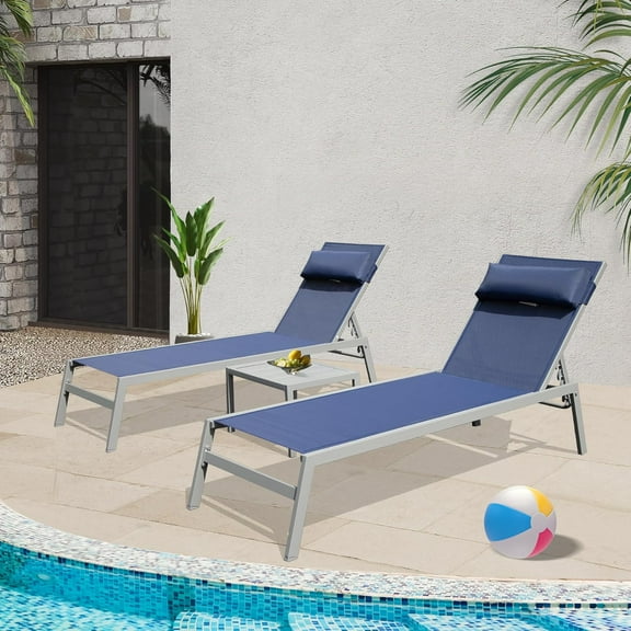 Domi Patio Chaise Lounge Set of 3, Aluminum Pool Lounge Chairs with Side Table, Outdoor Adjustable Recliner All Weather for Poolside, Beach, Yard, Balcony (Navy Blue)