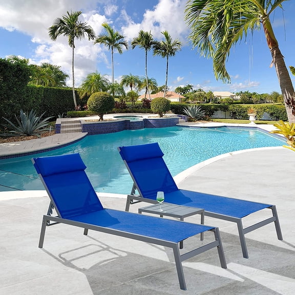 Domi Patio Chaise Lounge Set, Classic Pool Lounge Chairs with 5 Adjustable Posation, Breathable Textilene Fabric, Headrest and Table, Steel Frame Pool Chairs, Blue
