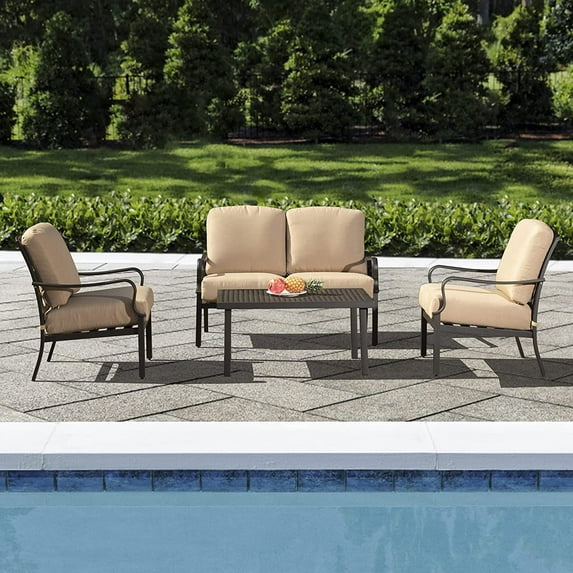 Domi Patio Conversation Set of 4, Cushioned Outdoor Furniture Sets with All Weather Galvanized Steel Frame (Spring Coil Seat Cushion) -Beige