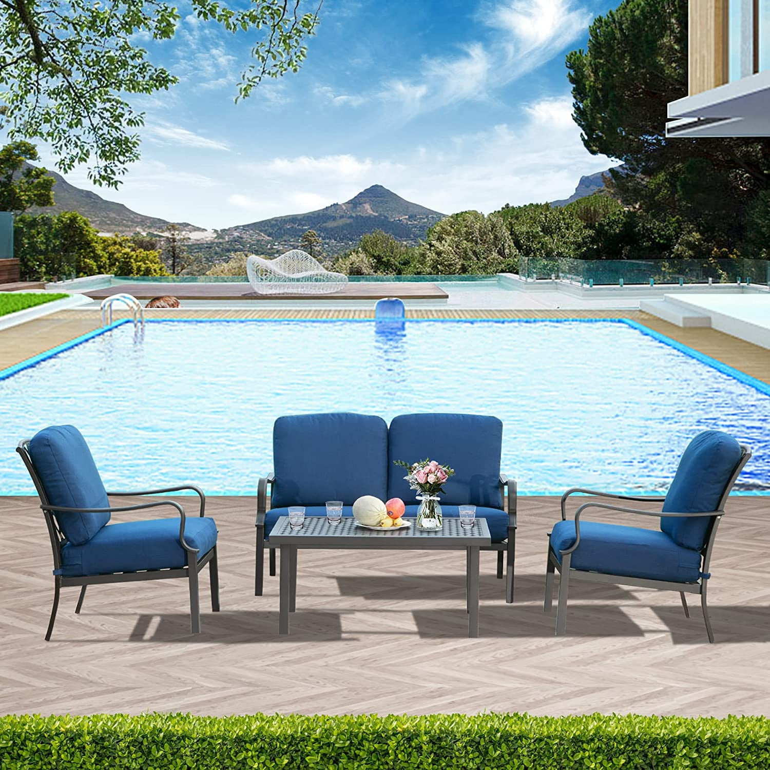 Domi Patio Conversation Set of 4, Cushioned Outdoor Furniture Sets with All Weather Galvanized Steel Frame (Spring Coil Seat Cushion) -Blue