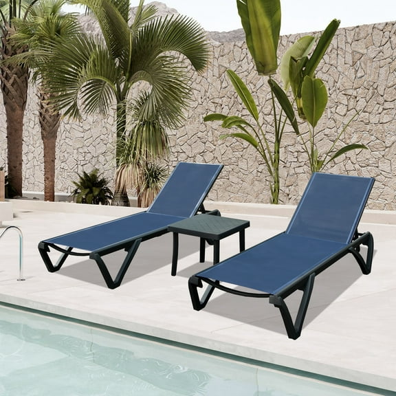 Domi Outdoor Living Aluminum Patio Adjustable Lounge Chairs Set of 3, w/Side Table(Navy Blue)