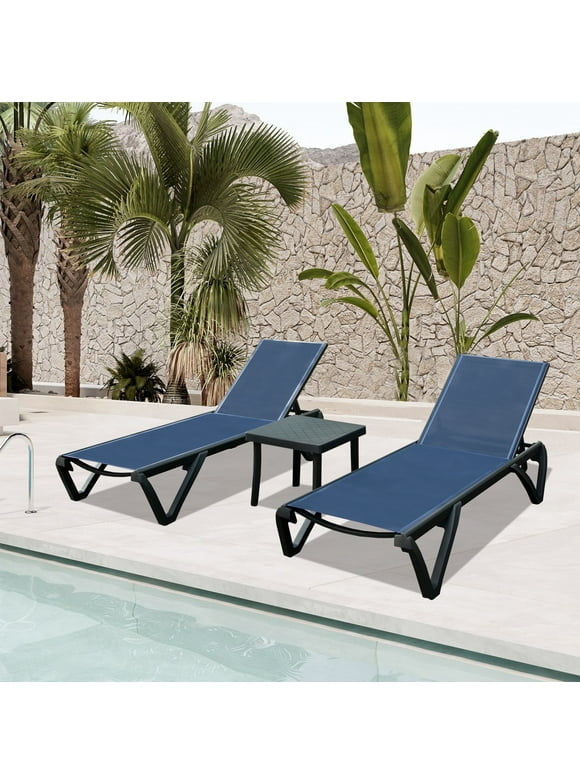 Domi Patio Lounge Chairs Set of 3, Aluminum Pool Chaise Lounge with Side Table,5 Position Adjustable Backrest and Wheels,All Weather Outdoor Lounge Chairs (Navy Blue)
