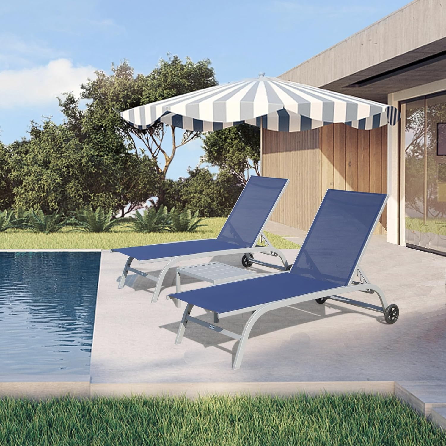 Domi Pool Lounge Chairs Set of 3, Adjustable Aluminum Outdoor Chaise ...