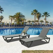 Domi Pool Lounge Chairs Set of 3, Adjustable Aluminum Plastic Outdoor Chaise Lounge with Side Table, All Weather for Deck Lawn Poolside Backyard-Grey Textilene