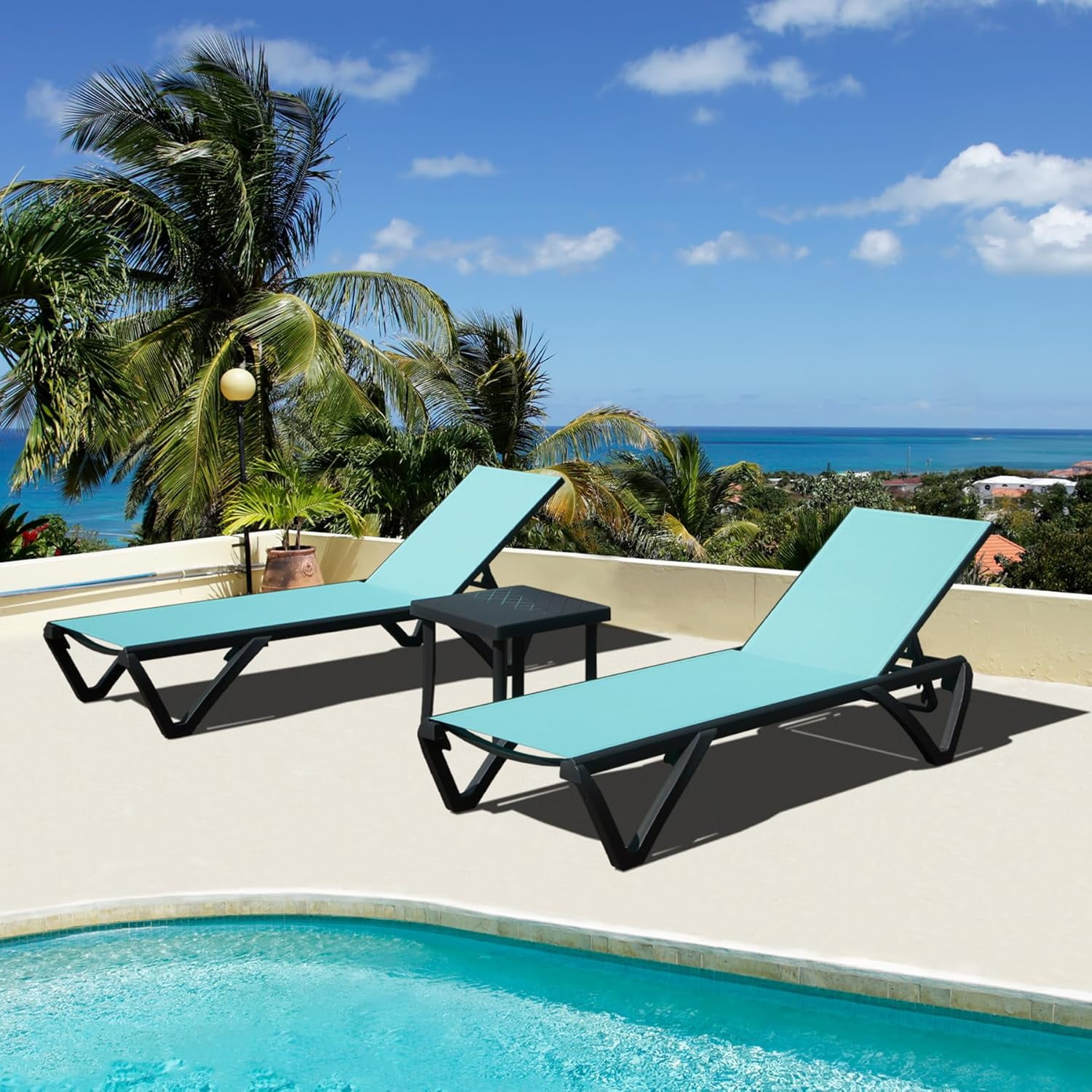 Domi Pool Lounge Chairs Set of 3, Aluminum Adjustable Outdoor Chaise ...