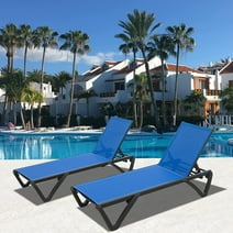 Domi Pool Lounge Chairs Set of 2, Adjustable Aluminum Plastic Outdoor Chaise Lounge, All Weather for Outside Beach Poolside Lawn-Blue Textilene