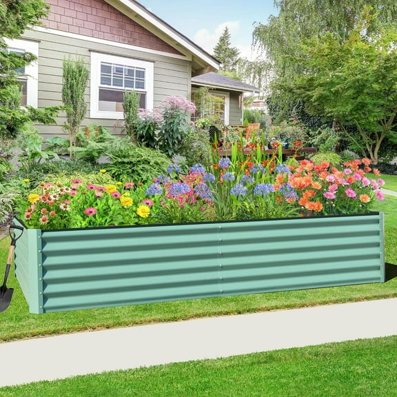 Domi Raised Garden Beds Outdoor, 8x4x1.5Ft Thickening Tall Metal Rectangular Deep Root Box Planter for Vegetables, Flowers, Herbs, and Succulents 1.5" Deep w/ 342 Gallon Capacity - Green