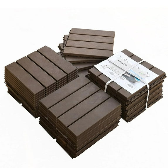 Domi Outdoor Living Patio Deck Tiles, 12 x 12 inches Composite Interlocking Decking Tile, Four Slat Plastic Outdoor Flooring, 36 Pieces One Pack, Dark Brown