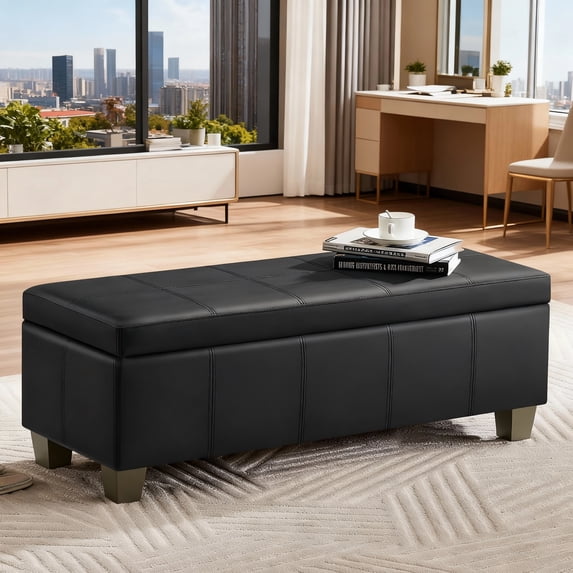 Domicare 41 inch Rectangle Ottoman with Storage for Living Room, Leather Storage Ottoman Bench & Padded Bedroom Bench, Multi-Functional Foot Rest, Toy Box, End of Bed Bench,Black