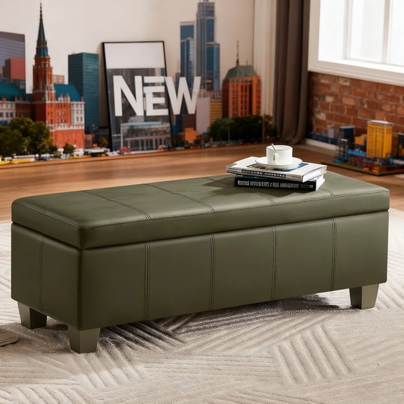Domicare 41 inch Rectangle Ottoman with Storage for Living Room, Leather Storage Ottoman Bench & Padded Bedroom Bench, Multi-Functional Foot Rest, Toy Box, End of Bed Bench,Green