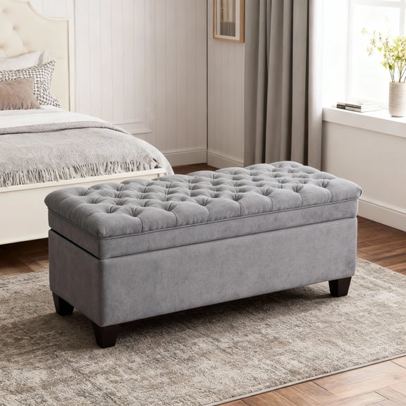 Domicare Linen Storage Ottoman Bench with Lid, Ottoman with Storage for Living Room, Storage Ottoman Bench for End of Bed, Upholstered Foot Rest, Shoe & Toy Chest,Dark Grey