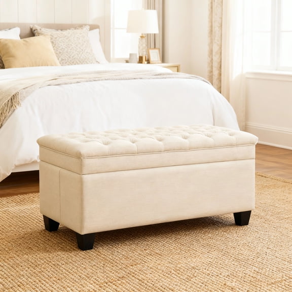 Domicare Linen Storage Ottoman Bench with Lid, Ottoman with Storage for Living Room, Storage Ottoman Bench for End of Bed, Upholstered Foot Rest, Shoe & Toy Chest,Khaki