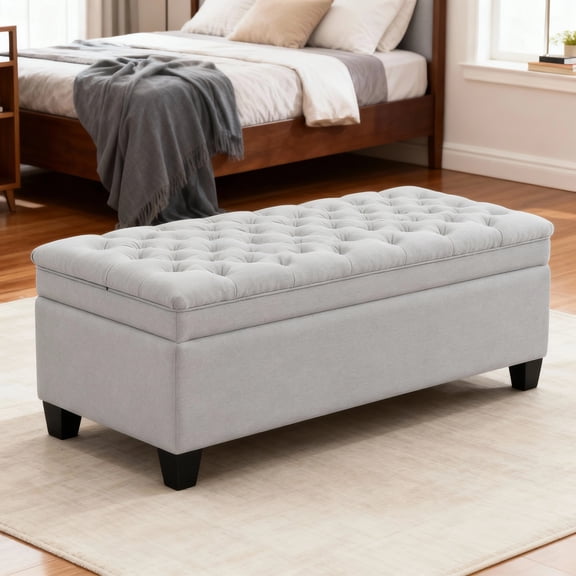 Domicare Linen Storage Ottoman Bench with Lid, Ottoman with Storage for Living Room, Storage Ottoman Bench for End of Bed, Upholstered Foot Rest, Shoe & Toy Chest,Light Grey