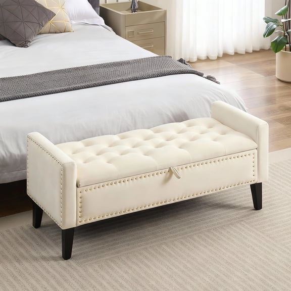 Domicare Velvet Storage Ottoman Bench with Lid, Ottoman with Storage for Living Room, Storage Ottoman Bench & End of Bed Bench, Upholstered Foot Rest,Beige