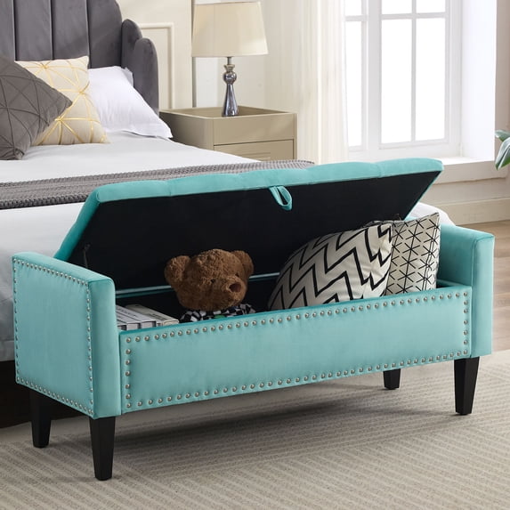 Domicare Velvet Storage Ottoman Bench with Lid, Ottoman with Storage for Living Room, Storage Ottoman Bench & End of Bed Bench, Upholstered Foot Rest,Teal
