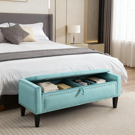 Domicare Velvet Storage Ottoman Bench with Lid, Ottoman with Storage for Living Room, Storage Ottoman Bench & End of Bed Bench, Upholstered Foot Rest,Teal