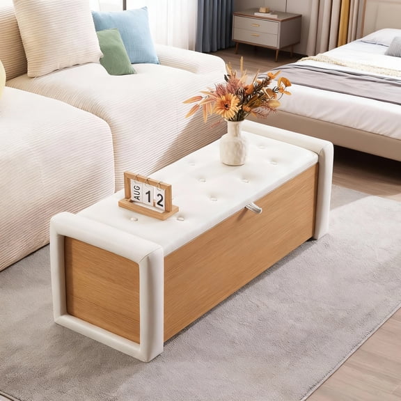 Domicare Wooden Storage Ottoman Bench with Leather Top, Ottoman with Storage for Living Room, Storage Ottoman Bench & End of Bed Bench, Upholstered Leather Seat，Beige