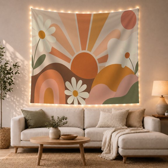 Dominated Terracotta Rays with Mustard Extending Undulating, Mystical Fantasy for Space Lovers, Wall Decor, Housewarming Gift, Tapestry Wall Hanging for Dorm and Living Room